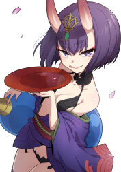 Rule 34 | 1girl, :p, bare shoulders, black panties, breasts, cowboy shot, cup, eyeliner, fate/grand order, fate (series), fingernails, gourd, hair between eyes, hair ornament, hands up, heebee, horns, japanese clothes, kimono, looking at viewer, makeup, off shoulder, oni, panties, pink petals, purple eyes, purple kimono, red eyeliner, revealing clothes, sakazuki, short hair, shuten douji (fate), simple background, small breasts, smile, solo, tongue, tongue out, underwear, white background