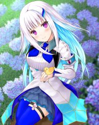 Rule 34 | 1girl, animal, armband, bird, blue flower, blue hair, blue neckwear, blue skirt, blue thighhighs, blunt bangs, blurry, blurry background, blush, breasts, closed mouth, commentary request, depth of field, dress, duck, flower, hair ornament, head tilt, highres, hydrangea, lize helesta, long hair, looking at viewer, misui, monocle, multicolored hair, nijisanji, pleated skirt, purple eyes, purple flower, safety pin, sebastian piyodore, sidelocks, skirt, small breasts, smile, thighhighs, two-tone hair, very long hair, virtual youtuber, white dress, white hair