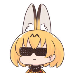 Rule 34 | 10s, 1girl, alternate costume, animal ears, batta (ijigen debris), closed mouth, collar, commentary request, facing viewer, kemono friends, orange hair, portrait, serious, serval (kemono friends), short hair, simple background, solo, spiked collar, spikes, sunglasses, white background