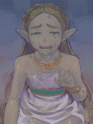 Rule 34 | 1girl, aqua eyes, bare shoulders, barefoot, bracelet, braid, collarbone, crying, crying with eyes open, dress, eyelashes, facing viewer, flat chest, forehead, french braid, half-closed eyes, jewelry, light brown hair, long hair, looking at viewer, natto soup, necklace, nintendo, open mouth, palms, pointy ears, princess, princess zelda, sash, see-through, single braid, sitting, solo, straight hair, strapless, strapless dress, streaming tears, tears, teeth, the legend of zelda, the legend of zelda: breath of the wild, thick eyebrows, wariza, wet, wet clothes, wet dress, wet hair, white dress