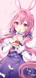 Rule 34 | 1girl, animal ears, bad id, bad pixiv id, bare shoulders, blue skirt, blush, cake, cake slice, closed mouth, commentary, english commentary, feathered wings, feathers, food, fruit, hair between eyes, high-waist skirt, holding, holding plate, holding spoon, indie virtual youtuber, long hair, long sleeves, looking at viewer, low twintails, nami (nyaa), off-shoulder shirt, off shoulder, pink background, pink hair, plaid, plate, pleated skirt, purple eyes, rabbit ears, shirt, skirt, sleeves past wrists, solo, spoon, strawberry, twintails, usagi kira, very long hair, virtual youtuber, white feathers, white shirt, white wings, wide sleeves, wings