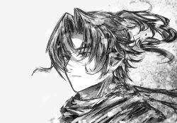 Rule 34 | 1boy, arknights, chinese commentary, chong yue (arknights), closed mouth, commentary request, floating hair, grey background, greyscale, hair intakes, highres, looking ahead, male focus, monochrome, no horns, portrait, scarf, shishan979 (seleneebai), short hair, sketch, solo