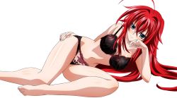 Rule 34 | 1girl, ahoge, barefoot, blue eyes, blush, breasts, feet, head rest, high school dxd, highres, large breasts, long hair, looking at viewer, lying, on side, red hair, rias gremory, smile, toes, transparent background, underwear