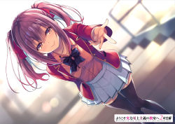 Rule 34 | 1girl, amasawa ichika, black thighhighs, blazer, blurry, blurry background, blush, bow, breasts, brown eyes, buttons, closed mouth, commentary request, copyright name, hair bow, highres, jacket, lips, logo, long sleeves, looking at viewer, medium breasts, official art, open clothes, outstretched arm, pink hair, pleated skirt, school uniform, shiny clothes, skirt, smile, solo, stairs, thighhighs, tomose shunsaku, twintails, youkoso jitsuryoku shijou shugi no kyoushitsu e, zettai ryouiki