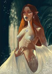 Rule 34 | 1girl, black lips, commentary, earrings, english commentary, jewelry, looking at viewer, original, pointy ears, red hair, ring, scales, signature, solo, standing, sylessae, tattoo, topless, white scales