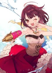 Rule 34 | 1girl, ;d, aiming, alternate costume, atelier (series), atelier sophie, blue sky, breasts, brown eyes, cloud, corset, cross-laced clothes, cross-laced top, dress, frilled dress, frills, gun, hand on own cheek, hand on own face, holding, holding gun, holding weapon, jewelry, medium breasts, necklace, noco (adamas), one eye closed, open mouth, red dress, red hair, red skirt, short hair, skirt, sky, smile, sophie neuenmuller, splashing, water, water drop, water gun, weapon, wet, wet clothes, wet hair
