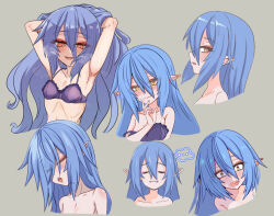 Rule 34 | ..., 1girl, armpits, blue hair, blue nails, blush, bombergirl, bra, closed eyes, closed mouth, commentary request, eyes visible through hair, fangs, fangs out, fingernails, flat chest, grey background, grey bra, hair between eyes, hair down, hand on own chin, hands in hair, lewisia aquablue, long bangs, long hair, multiple views, open mouth, pointy ears, shiro beer, simple background, underwear, upper body, yellow eyes