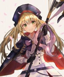 Rule 34 | 1girl, artoria caster (fate), artoria caster (second ascension) (fate), artoria pendragon (fate), black gloves, blonde hair, blue cape, blue hat, blush, cape, dress, falling petals, fate/grand order, fate (series), gloves, green eyes, hat, highres, holding, holding staff, looking at viewer, parted lips, petals, red cape, smile, solo, staff, teeth, twintails, white 3326, white background, white dress