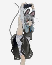 Rule 34 | 1girl, animal ears, black footwear, bloomers, blue capelet, capelet, collared capelet, grey hair, grey skirt, grey vest, hair between eyes, hand on own foot, holding, holding shoes, ishikkoro, jewelry, layered clothes, long sleeves, looking at viewer, mouse ears, mouse tail, nazrin, pendant, red eyes, shirt, shoes, short hair, skirt, socks, solo, split, standing, standing on one leg, standing split, tail, touhou, translation request, underwear, vest, white bloomers, white shirt, white socks