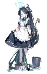 Rule 34 | &lt;key&gt; (robot) (blue archive), 1girl, absurdly long hair, apron, aris (blue archive), aris (maid) (blue archive), black dress, black footwear, black hair, blue archive, blue eyes, blue halo, blush, bucket, closed mouth, dress, frilled apron, frills, full body, gyool, halo, highres, long hair, maid, maid apron, maid headdress, mop, official alternate costume, pantyhose, ponytail, puffy short sleeves, puffy sleeves, shoes, short sleeves, simple background, smile, solo, very long hair, white apron, white background, white pantyhose