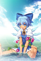 Rule 34 | 1girl, barefoot, blue bow, blue dress, blue eyes, blue hair, blue sky, bow, chima q, cirno, cloud, collared shirt, commentary request, day, dress, flat chest, flower, full body, hair bow, highres, ice, ice wings, looking at viewer, open mouth, outdoors, partially submerged, plant, puffy sleeves, shirt, short hair, short sleeves, sitting, sky, smile, soles, solo, spread legs, sunflower, tan, tanned cirno, touhou, undershirt, vines, wet, white shirt, wing collar, wings