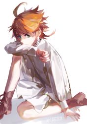 Rule 34 | 1girl, ahoge, blouse, brown footwear, closed mouth, collared shirt, dress shirt, emma (yakusoku no neverland), green eyes, long sleeves, looking at viewer, neck tattoo, number tattoo, on one knee, orange hair, serenity0712, shirt, short hair, simple background, sitting, skirt, tattoo, white shirt, white skirt, yakusoku no neverland