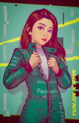 Rule 34 | 1girl, absurdres, american flag, april jubilees, aston martin, black eyes, brown hair, chromatic aberration, formula one, glitch, green jumpsuit, grey sweater, head tilt, highres, holding, holding clothes, holding jacket, huh yun-jin, jacket, jumpsuit, k-pop, le sserafim, long hair, looking at viewer, racing suit, real life, red lips, solo, song name, sweater