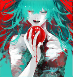 Rule 34 | 1girl, apple, bandages, biting, blood, blood on hands, commentary request, eto (tokyo ghoul), fangs, food, fruit, green eyes, green hair, hair between eyes, hand up, heterochromia, highres, koujima shikasa, lips, long hair, messy hair, open mouth, red background, red eyes, solo, teeth, tokyo ghoul, tokyo ghoul:re