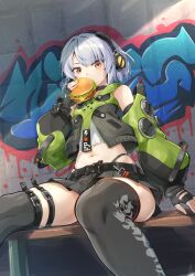 1girl absurdres anby_demara bare_shoulders black_thighhighs breasts burger crop_top fingerless_gloves food gloves grey_hair headphones highres holding holding_burger holding_food jacket long_sleeves looking_at_viewer navel samoore short_hair sitting thighhighs zenless_zone_zero