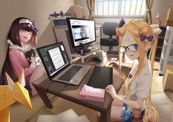 Rule 34 | 2girls, abigail williams (fate), absurdres, blonde hair, blue eyes, blue shorts, blush, bow, breasts, brown hair, closed eyes, coffee table, computer, contemporary, crossed bandaids, drawing tablet, fate/grand order, fate (series), forehead, fujimaru ritsuka (male), glasses, hairband, highres, jacket, laptop, large breasts, long hair, long sleeves, looking at viewer, monitor, multiple girls, open mouth, orange bow, origami, osakabehime (fate), parted bangs, pink jacket, ponytail, revision, seiza, shiro ami, shirt, short sleeves, shorts, sidelocks, sitting, small breasts, smile, stuffed animal, stuffed toy, stylus, table, tatami, teddy bear, very long hair, white shirt