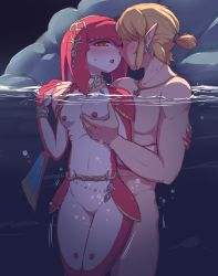 Rule 34 | 1boy, 1girl, :o, belt, blonde hair, blush, bracelet, grabbing another&#039;s breast, breasts, brown eyes, bubble, collar, cowboy shot, crescent, earrings, eyeshadow, faceless, faceless male, fins, fish girl, gem, gills, grabbing, hair tie, hand on another&#039;s shoulder, hetero, imminent kiss, jewelry, kuase, link, makeup, mipha, navel, neckerchief, nintendo, nipples, nose blush, nude, open mouth, outdoors, partially submerged, partially underwater shot, pointy ears, pussy, rock, short ponytail, sidelocks, skinny dipping, small breasts, stomach bulge, the legend of zelda, the legend of zelda: breath of the wild, third-party edit, uncensored, underwater, water, zora