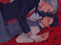 Rule 34 | 10s, 2boys, ameli-ya, bad id, bad pixiv id, black hair, blue eyes, bow, bowtie, chocolate, dutch angle, formal, glasses, gloves, highres, katsuki yuuri, looking at another, lying, male focus, mouth hold, multiple boys, on back, red eyes, silver hair, suit, tongue, tongue out, traditional bowtie, viktor nikiforov, waistcoat, white gloves, yaoi, yuri!!! on ice