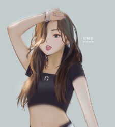 Rule 34 | 1girl, adirosa, artist name (singer), black shirt, bracelet, brown hair, commentary, crop top, earrings, eyeliner, eyeshadow, gfriend, hair over one eye, jewelry, k-pop, long hair, makeup, open mouth, pink nails, real life, shirt, simple background, solo, song name, umji (gfriend), upper body