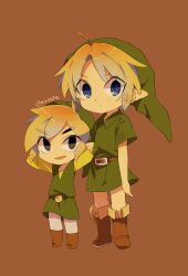 Rule 34 | 2boys, artist name, blue eyes, brown background, brown footwear, closed mouth, full body, green headwear, green tunic, highres, instrument, link, looking at viewer, multiple boys, nintendo, pointy ears, shirt, simple background, smile, the legend of zelda, the legend of zelda: ocarina of time, the legend of zelda: the wind waker, tokuura, toon link, upper body, young link