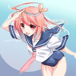Rule 34 | 1girl, ahoge, artist name, blue background, blue one-piece swimsuit, blue sailor collar, collarbone, commentary request, cowboy shot, hair ornament, i-58 (kancolle), inaba shiki, kantai collection, leaning forward, neckerchief, necktie, no pants, one-hour drawing challenge, one-piece swimsuit, pink hair, pink neckerchief, red eyes, sailor collar, school swimsuit, school uniform, serafuku, shading eyes, short hair, smile, solo, standing, swimsuit, swimsuit under clothes, thigh gap