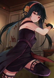 Rule 34 | 1girl, absurdres, attack, black dress, black gloves, black hair, blood, blood on face, blood on wall, breasts, dagger, dress, earrings, fingerless gloves, floating hair, floral print, flower, gloves, gold earrings, gold hairband, hair flower, hair ornament, hairband, hand up, highres, holding, holding dagger, holding knife, holding weapon, jewelry, knife, leg up, long hair, looking at viewer, medium breasts, racchi., red eyes, rose, rose print, sidelocks, solo, spikes, spy x family, thighhighs, two-sided dress, two-sided fabric, weapon, yor briar, zettai ryouiki