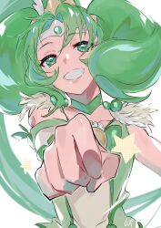 Rule 34 | 1girl, absurdres, bow, choker, clenched hand, cure march, green bow, green choker, green eyes, green theme, grin, highres, long hair, magical girl, midorikawa nao, parted bangs, precure, shipu (gassyumaron), smile, smile precure!, solo, tri tails