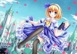 Rule 34 | 1girl, alice margatroid, alice margatroid (pc-98), ascot, black thighhighs, blonde hair, blue eyes, blush, book, bow, flying, frills, grimoire, hairband, highres, holding, holding book, mary janes, mechrailgun, open mouth, petals, ribbon, shoes, thighhighs, touhou, touhou (pc-98), wrist cuffs