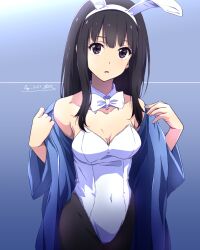 Rule 34 | 1girl, alternate costume, animal ears, bare shoulders, black hair, black pantyhose, blue background, blue coat, bow, bowtie, breasts, coat, commentary, covered navel, fake animal ears, gradient background, hairband, hands up, highres, inoue takina, leotard, long hair, looking at viewer, lycoris recoil, medium breasts, nii manabu, off shoulder, pantyhose, parted lips, playboy bunny, purple eyes, solo, white bow, white bowtie, white hairband, white leotard