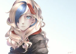 Rule 34 | 1girl, blonde hair, blue eyes, blue hair, commandant teste (kancolle), commentary request, french text, hair over one eye, kantai collection, long hair, looking at viewer, loose clothes, loose shirt, millipen (medium), multicolored hair, red hair, shirt, solo, streaked hair, swept bangs, tesun (g noh), traditional media, watercolor pencil (medium), white hair