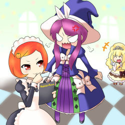 Rule 34 | 3girls, blonde hair, bow, crown, dress, duel monster, female focus, hair ornament, hat, jewelry, lolita fashion, long hair, madolche, madolche majoleine, madolche marmamaid, madolche puddingcess, maid, multiple girls, orange eyes, orange hair, purple hair, ribbon, short hair, witch hat, yu-gi-oh!, yu-gi-oh! duel monsters