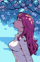 Rule 34 | 1girl, akairiot, cherry, cherry blossoms, earrings, food, from side, fruit, highres, jewelry, long hair, mole, mole under eye, mouth hold, original, profile, purple hair, solo