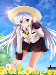 Rule 34 | 10s, 1girl, angel beats!, bad id, bad pixiv id, bent over, blazer, blue sky, day, from below, hand on own knee, hat, jacket, lens flare, long hair, patchouli, school uniform, sky, solo, tenshi (angel beats!), white hair, yellow eyes