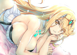 Rule 34 | 1girl, blonde hair, breasts, casual one-piece swimsuit, chest jewel, earrings, gem, headpiece, jewelry, large breasts, long hair, mythra (radiant beach) (xenoblade), mythra (xenoblade), one-piece swimsuit, solo, strapless, strapless one-piece swimsuit, striped clothes, striped one-piece swimsuit, swept bangs, swimsuit, tiara, two-tone swimsuit, vertical-striped clothes, vertical-striped one-piece swimsuit, very long hair, white one-piece swimsuit, wochi, xenoblade chronicles (series), xenoblade chronicles 2, yellow eyes