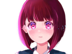 Rule 34 | 1girl, arima kana, blunt bangs, blush, bob cut, close-up, commentary request, highres, light particles, oshi no ko, parted lips, partial commentary, pink eyes, red hair, shirt, short hair, simple background, solo, suguri nojo, white background, white shirt