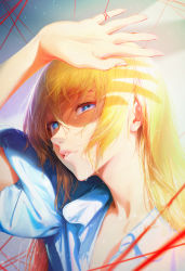 Rule 34 | 1girl, blonde hair, blue eyes, blue shirt, collared shirt, crying, crying with eyes open, hair between eyes, hand up, highres, long hair, nababa, original, parted lips, pink lips, puffy short sleeves, puffy sleeves, shirt, short sleeves, sidelocks, string, string of fate, tears