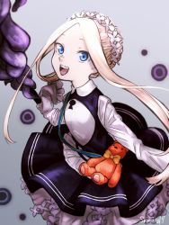 Rule 34 | 1girl, abigail williams (fate), abigail williams (festival outfit) (fate), apron, black skirt, blonde hair, blue eyes, bow, butterfly hair ornament, fate/grand order, fate (series), hair ornament, heroic spirit chaldea park outfit, highres, key, long hair, looking at viewer, maid, maid apron, maid headdress, official alternate costume, open mouth, orange bow, shimoina17, skirt, sleeves past fingers, sleeves past wrists, smile, stuffed animal, stuffed toy, teddy bear, white bow