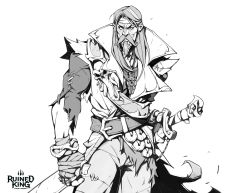 Rule 34 | 1boy, arm at side, beard, belt, character request, collarbone, copyright name, facial hair, fingerless gloves, gloves, greyscale, hicham habchi, highres, holding, holding sheath, jacket, jewelry, league of legends, long hair, long sleeves, monochrome, mustache, necklace, official art, pants, ruined king: a league of legends story, sheath, shirt, solo, sword, torn clothes, torn shirt, weapon, white background