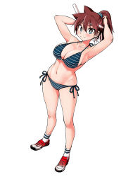 Rule 34 | 1girl, amano megumi, amano megumi wa suki darake!, arms up, bikini, blue eyes, blush, breasts, bright pupils, brown hair, full body, headband, high ponytail, large breasts, long hair, looking at viewer, navel, nekoguchi, non-web source, official art, ponytail, shoes, side-tie bikini bottom, simple background, smile, sneakers, solo, striped bikini, striped clothes, swimsuit, white background