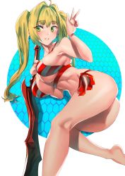 Rule 34 | 1girl, absurdres, aestus estus, ahoge, ass, bare shoulders, bikini, blonde hair, blush, breasts, criss-cross halter, earrings, fate/grand order, fate (series), green eyes, hair between eyes, hair intakes, halterneck, highres, hotate-chan, jewelry, large breasts, legs, long hair, navel, nero claudius (fate), nero claudius (fate) (all), nero claudius (swimsuit caster) (fate), parted lips, red bikini, side-tie bikini bottom, smile, solo, striped bikini, striped clothes, swimsuit, sword, twintails, w, weapon