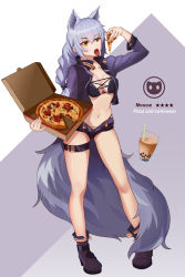 Rule 34 | 1girl, absurdres, animal ears, arknights, bare legs, bikini, black bikini, black footwear, black shorts, boots, breasts, bubble tea, cross-laced clothes, cup, drinking straw, food, full body, grey background, hair between eyes, hand up, highres, holding, holding food, jacket, long hair, long sleeves, medium breasts, navel, open clothes, open jacket, open mouth, pizza, pizza box, provence (arknights), purple jacket, rfg rozen, short shorts, shorts, sidelocks, silver hair, solo, standing, star (symbol), stomach, swimsuit, tail, thigh strap, thighs, tongue, tongue out, two-tone background, white background, wolf ears, wolf tail, yellow eyes