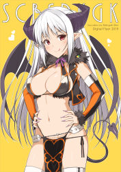 Rule 34 | 1girl, :q, bikini, black bikini, black ribbon, black wings, blush, breasts, cleavage, closed mouth, commentary request, demon girl, demon horns, demon tail, demon wings, detached sleeves, fingernails, fur-trimmed sleeves, fur collar, fur trim, hands on own hips, heart, highres, horns, large breasts, loincloth, long fingernails, long hair, long sleeves, looking at viewer, nail polish, navel, ohta yuichi, original, pelvic curtain, pointy ears, purple nails, red eyes, ribbon, side-tie bikini bottom, simple background, smile, solo, stomach, swimsuit, tail, thighhighs, tongue, tongue out, very long hair, white hair, white thighhighs, wings, yellow background