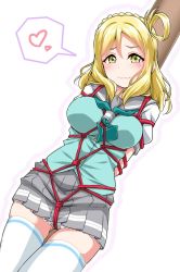 Rule 34 | 1girl, :3, aqua neckerchief, aqua vest, arms behind back, blonde hair, blush, braid, breasts, commentary request, crown braid, female focus, green eyes, grey skirt, hair rings, heart, highres, looking at viewer, love live!, love live! sunshine!!, medium breasts, medium hair, miniskirt, neckerchief, ohara mari, panties, pantyshot, pleated skirt, pole, red rope, rope, school uniform, shibari, shibari over clothes, short sleeves, skirt, solo, spoken heart, standing, thighhighs, thighs, tied to stake, underwear, uranohoshi school uniform, vest, white background, white thighhighs, yellow eyes, yopparai oni