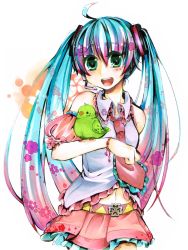 Rule 34 | 1girl, ahoge, alternate costume, animal on arm, aqua hair, arm perch, bare shoulders, belt, bird, bird on arm, bracelet, detached sleeves, green eyes, hatsune miku, headset, jewelry, long hair, navel, necktie, open mouth, skirt, solo, tendoshi, traditional media, twintails, very long hair, vocaloid