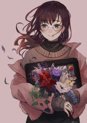 Rule 34 | 1girl, absurdres, artist name, aster drawing, blue eyes, blush, bouquet, brown hair, brown jacket, brown sweater, closed mouth, drawing tablet, expressionless, floating hair, flower, flower request, glasses, highres, holding, holding bouquet, holding tablet pc, jacket, jewelry, long hair, looking to the side, mole, mole under eye, nail polish, off-shoulder jacket, off shoulder, original, purple flower, ranunculus, red flower, red nails, ring, signature, solo, standing, sweater, tablet pc, upper body