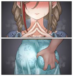 Rule 34 | 1girl, akkgsyk, ass, ass focus, ass grab, blue ribbon, blue shirt, blue skirt, blush, braid, brown hair, closed mouth, collarbone, commentary request, facing viewer, fingers together, floral print, grey background, groping, hair ribbon, head out of frame, jewelry, kurusu natsume, kurusu natsume (1st costume), lips, long hair, multicolored hair, multiple views, necklace, nervous sweating, nijisanji, own hands together, panels, red hair, ribbon, shirt, skirt, steam, steaming body, streaked hair, sweat, twin braids, virtual youtuber