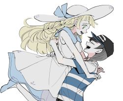 Rule 34 | 1boy, 1girl, :d, atsumi yoshioka, blonde hair, blue footwear, blue ribbon, closed eyes, collared dress, commentary, creatures (company), dress, elio (pokemon), eyelashes, from side, game freak, green eyes, hat, hat ribbon, hug, kneehighs, lillie (pokemon), long hair, nintendo, open mouth, pokemon, pokemon sm, ribbon, see-through, shirt, shoes, short sleeves, simple background, sleeveless, sleeveless dress, smile, socks, striped clothes, striped shirt, sun hat, sundress, symbol-only commentary, t-shirt, teeth, tongue, upper teeth only, white background, white dress, white headwear, white socks