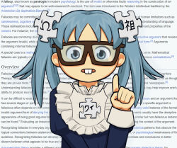 Rule 34 | 1girl, absurdres, black-framed eyewear, blue eyes, blue shirt, buck teeth, english text, frilled shirt collar, frills, glasses, hand up, highres, index finger raised, juliet sleeves, long sleeves, looking at viewer, medium hair, nerd emoji, parted bangs, puffy sleeves, puzzle piece hair ornament, ravenearte, shirt, sleeve cuffs, solo, straight-on, teeth, text background, twintails, upper body, wikipe-tan, wikipedia, wispy bangs