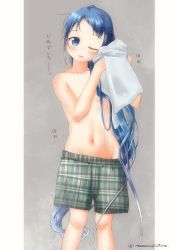 Rule 34 | 1girl, blue eyes, blue hair, blush, boxers, breasts, hair censor, holding, holding towel, kantai collection, long hair, mae (maesanpicture), male underwear, parted lips, samidare (kancolle), simple background, small breasts, topless, towel, translation request, twitter username, two-tone background, underwear, very long hair, wet, wet hair