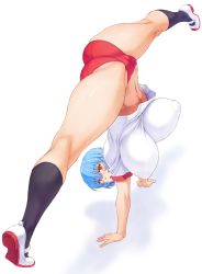 Rule 34 | 1girl, absurdres, ass, ayanami rei, blue hair, blush, bouncing breasts, breasts, buruma, cameltoe, cleft of venus, groin, gym uniform, highres, huge ass, huge breasts, impossible clothes, legs, legs apart, mogudan, navel, neon genesis evangelion, open mouth, red eyes, shiny skin, shoes, short hair, simple background, socks, thick thighs, thighs, unaligned breasts, upside-down, white background